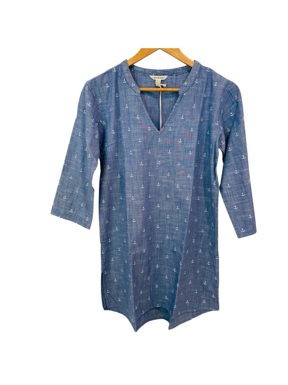 Hatley Capelton road tunic blouse V neck notch collar 100% cotton 3/4 sleeves XS